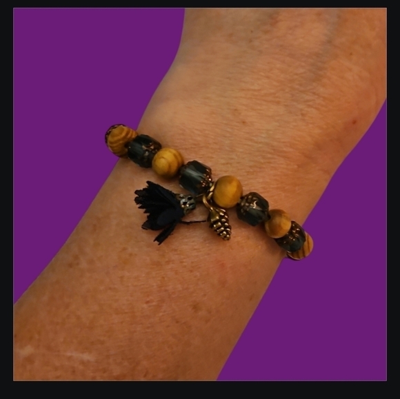 Hand Crafted Jewelry - HANDMADE Wood Blue Cathedral Czech Glass Beaded Stretch Bracelet